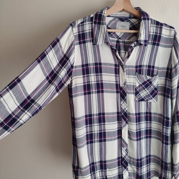 Rails Hunter Plaid Top L White Navy Rayon Flannel Lightweight Button Front Shirt - Picture 6 of 12